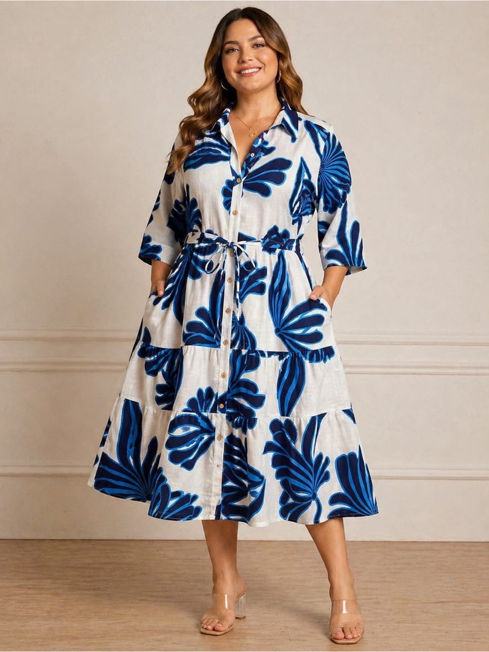 Mlle Gabrielle White Midi Dress with Bold Blue Print